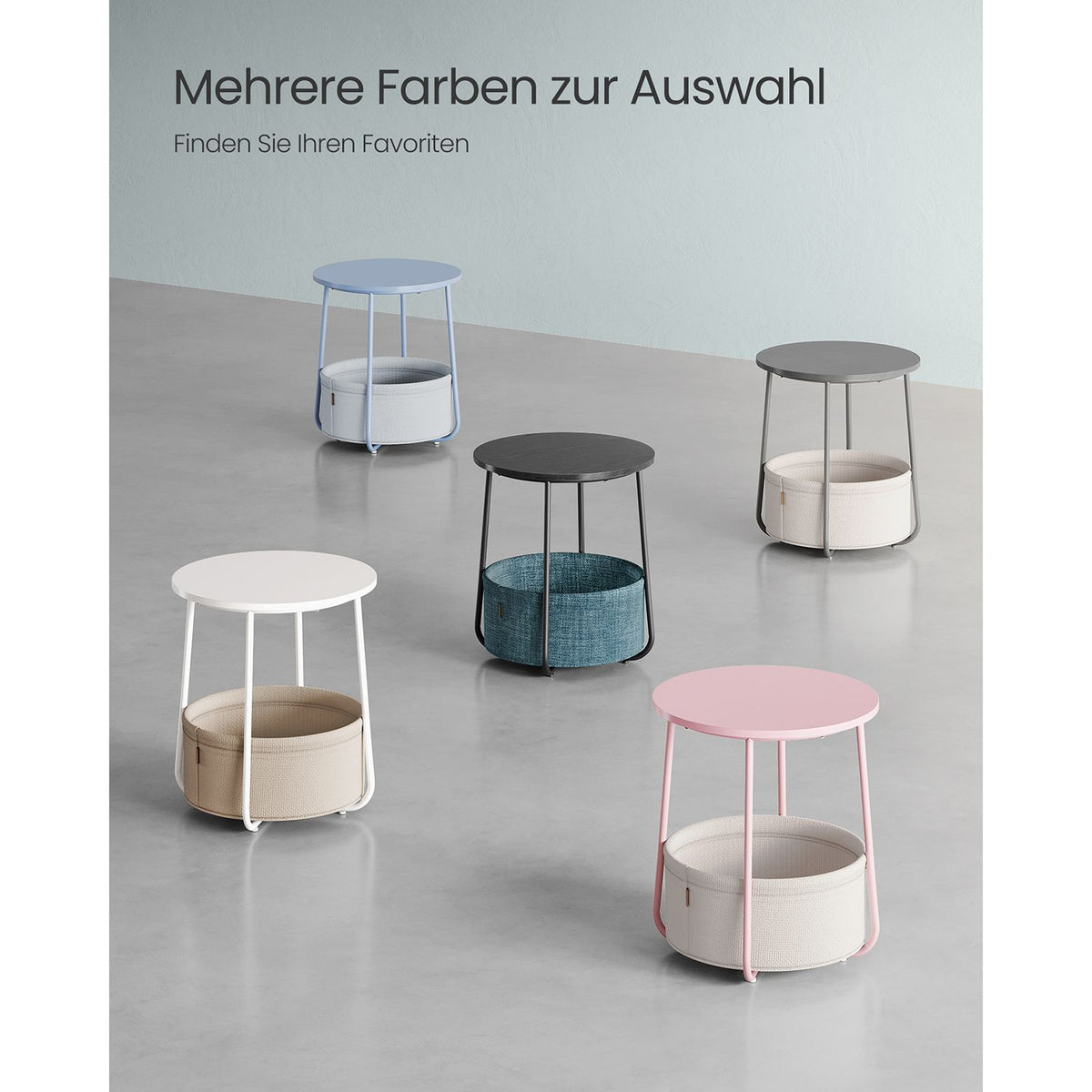 Furnstar Ronde Bijzettafel met Stoffen Opbergmand - Moderne Salontafel - Nachtkastje voor Woonkamer en Slaapkamer 45×45×51cm
