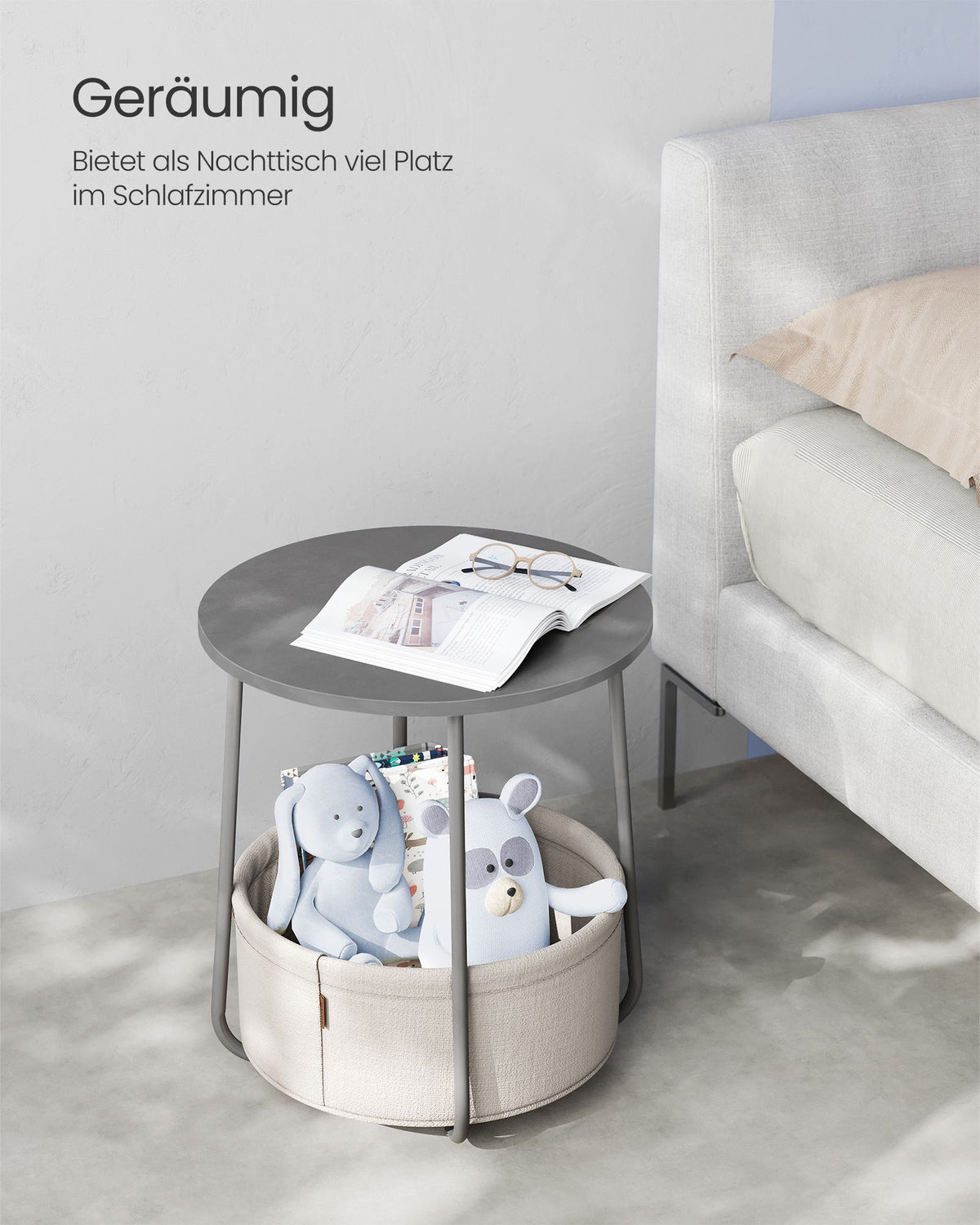 Furnstar Ronde Bijzettafel met Stoffen Opbergmand - Moderne Salontafel - Nachtkastje voor Woonkamer en Slaapkamer 45×45×51cm