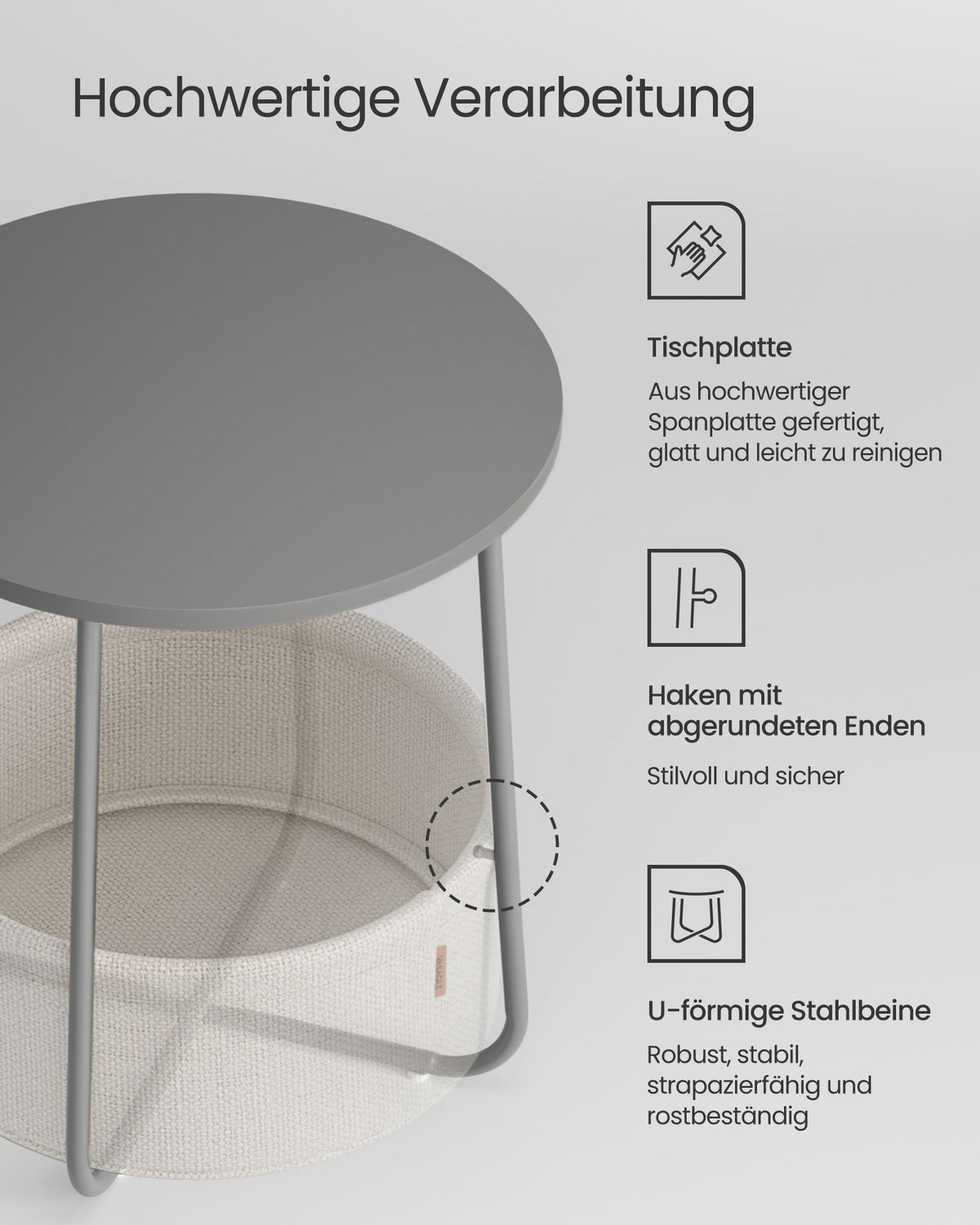 Furnstar Ronde Bijzettafel met Stoffen Opbergmand - Moderne Salontafel - Nachtkastje voor Woonkamer en Slaapkamer 45×45×51cm