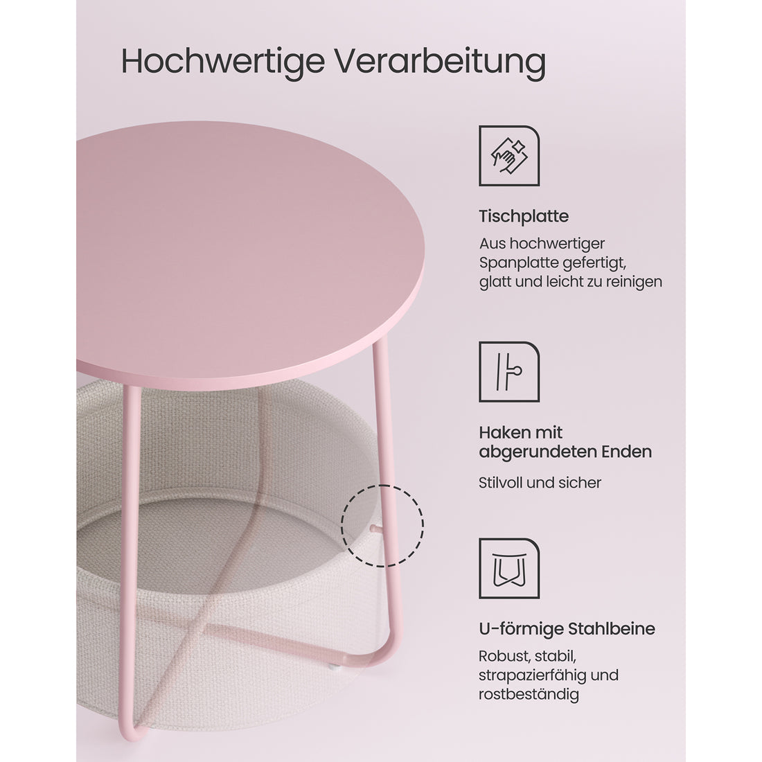 Furnstar Ronde Bijzettafel met Stoffen Opbergmand - Moderne Salontafel - Nachtkastje voor Woonkamer en Slaapkamer 45×45×51cm