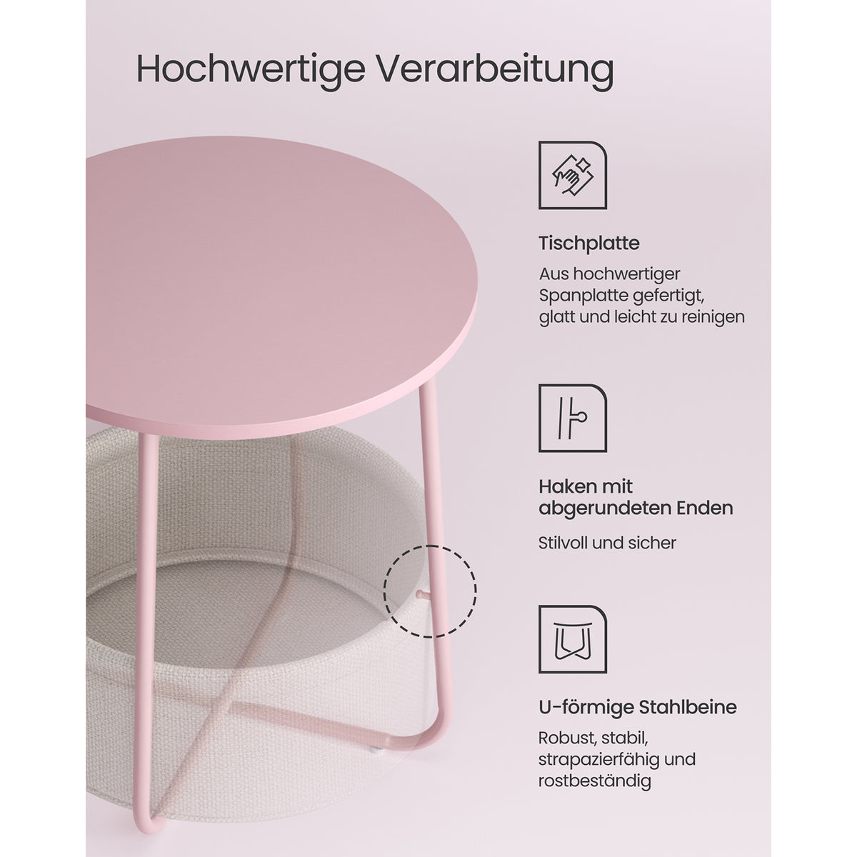 Furnstar Ronde Bijzettafel met Stoffen Opbergmand - Moderne Salontafel - Nachtkastje voor Woonkamer en Slaapkamer 45×45×51cm