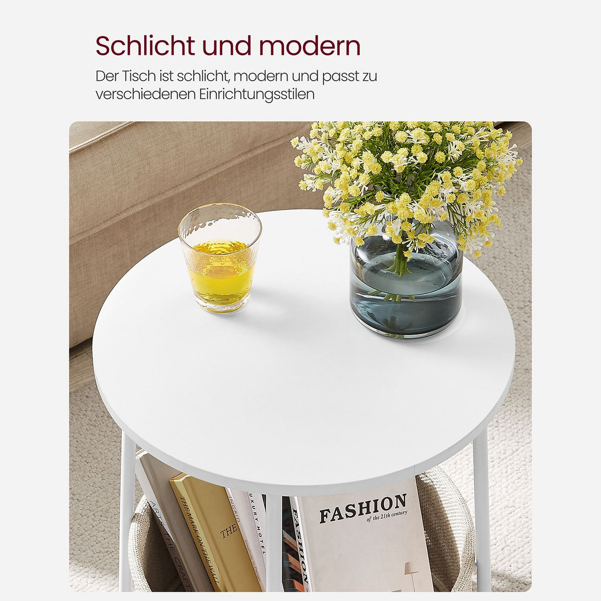 Furnstar Ronde Bijzettafel met Stoffen Opbergmand - Moderne Salontafel - Nachtkastje voor Woonkamer en Slaapkamer 45×45×51cm