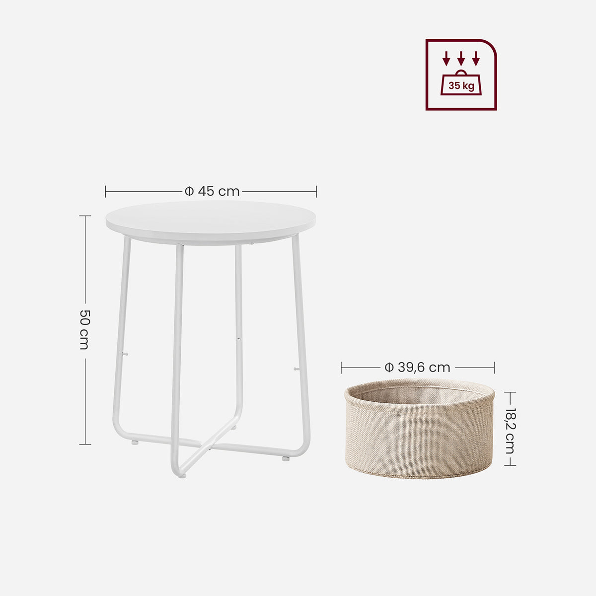 Furnstar Ronde Bijzettafel met Stoffen Opbergmand - Moderne Salontafel - Nachtkastje voor Woonkamer en Slaapkamer 45×45×51cm