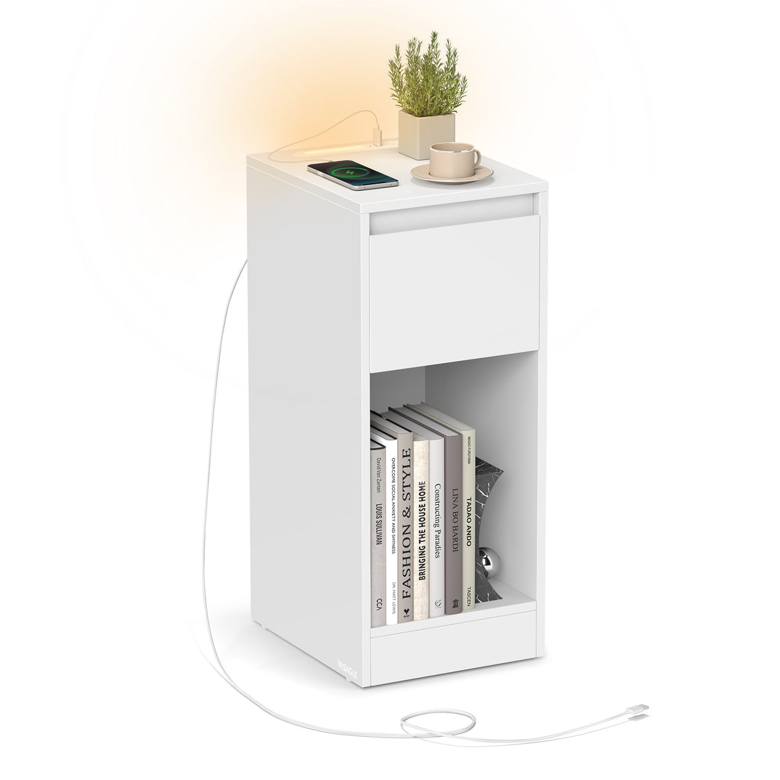 FurnStar - Nachtkastje - Slank bijzettafeltje met LED-verlichting - USB-A & USB-C poort - 1 lade & open vak - Voor slaapkamer & woonkamer - 30 x 25 x 59,5 cm