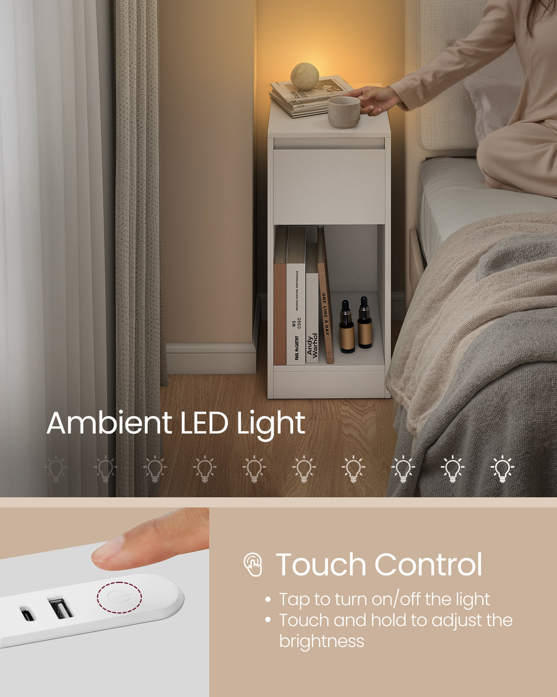 FurnStar - Nachtkastje - Slank bijzettafeltje met LED-verlichting - USB-A & USB-C poort - 1 lade & open vak - Voor slaapkamer & woonkamer - 30 x 25 x 59,5 cm