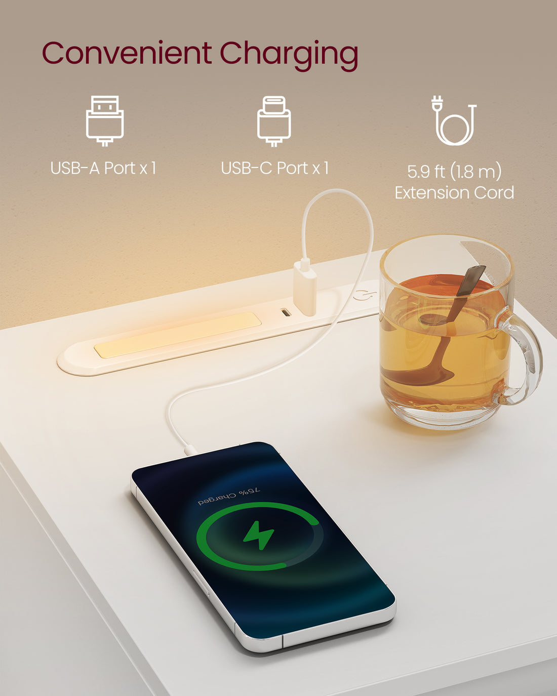 FurnStar - Nachtkastje - Slank bijzettafeltje met LED-verlichting - USB-A & USB-C poort - 1 lade & open vak - Voor slaapkamer & woonkamer - 30 x 25 x 59,5 cm
