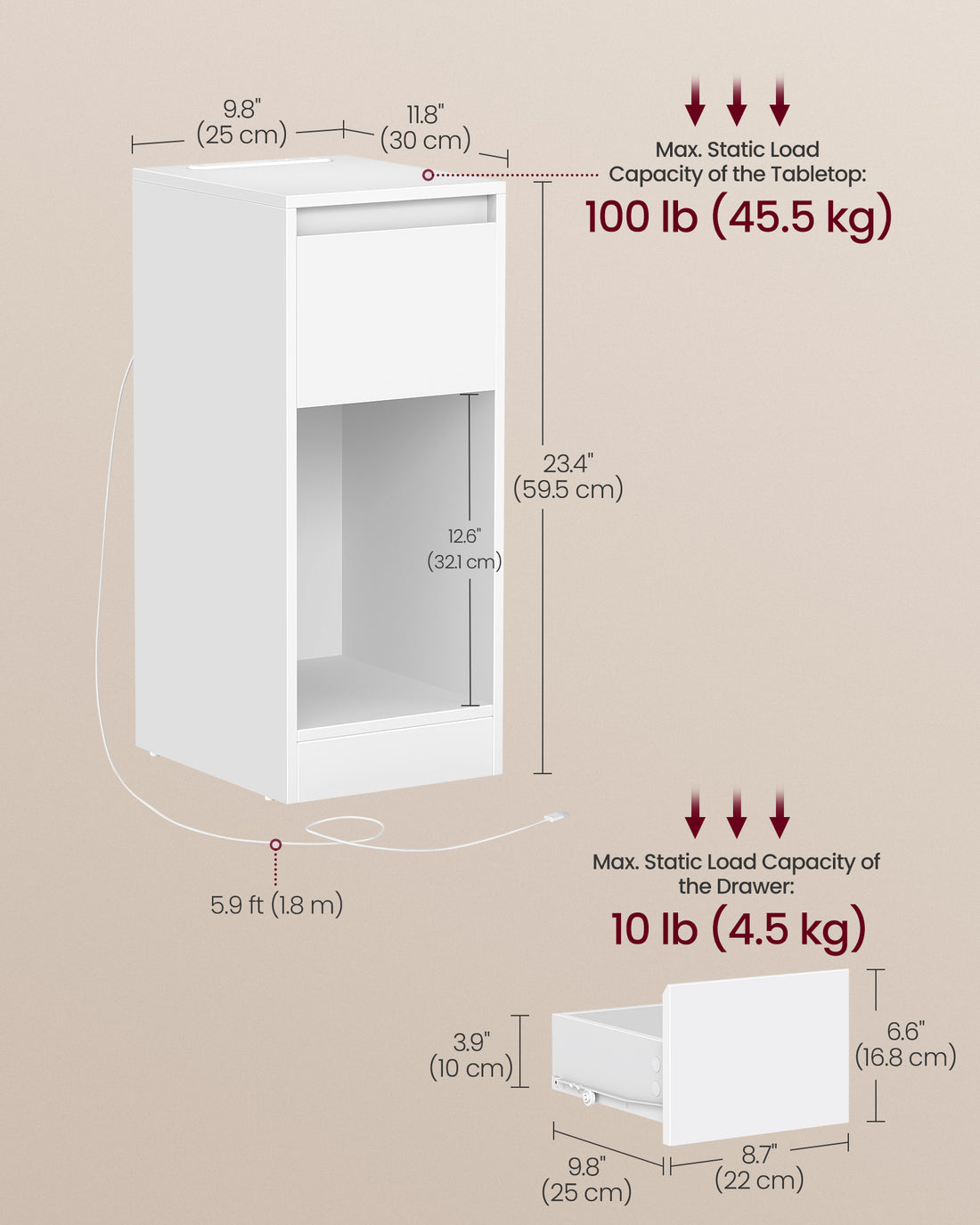 FurnStar - Nachtkastje - Slank bijzettafeltje met LED-verlichting - USB-A & USB-C poort - 1 lade & open vak - Voor slaapkamer & woonkamer - 30 x 25 x 59,5 cm