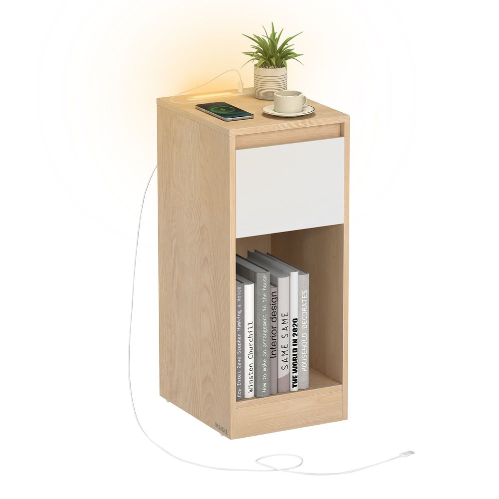 FurnStar - Nachtkastje - Slank bijzettafeltje met LED-verlichting - USB-A & USB-C poort - 1 lade & open vak - Voor slaapkamer & woonkamer - 30 x 25 x 59,5 cm