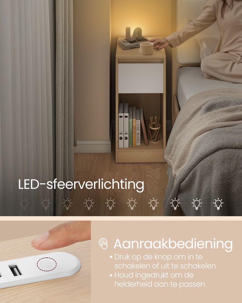 FurnStar - Nachtkastje - Slank bijzettafeltje met LED-verlichting - USB-A & USB-C poort - 1 lade & open vak - Voor slaapkamer & woonkamer - 30 x 25 x 59,5 cm