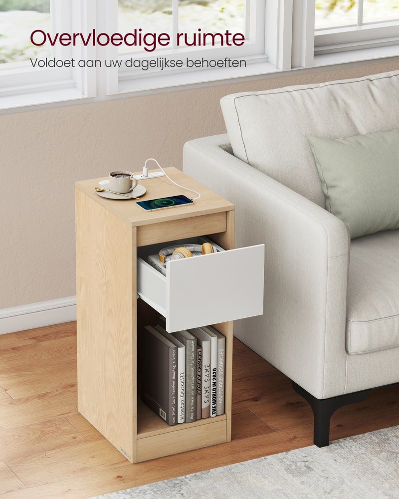 FurnStar - Nachtkastje - Slank bijzettafeltje met LED-verlichting - USB-A & USB-C poort - 1 lade & open vak - Voor slaapkamer & woonkamer - 30 x 25 x 59,5 cm