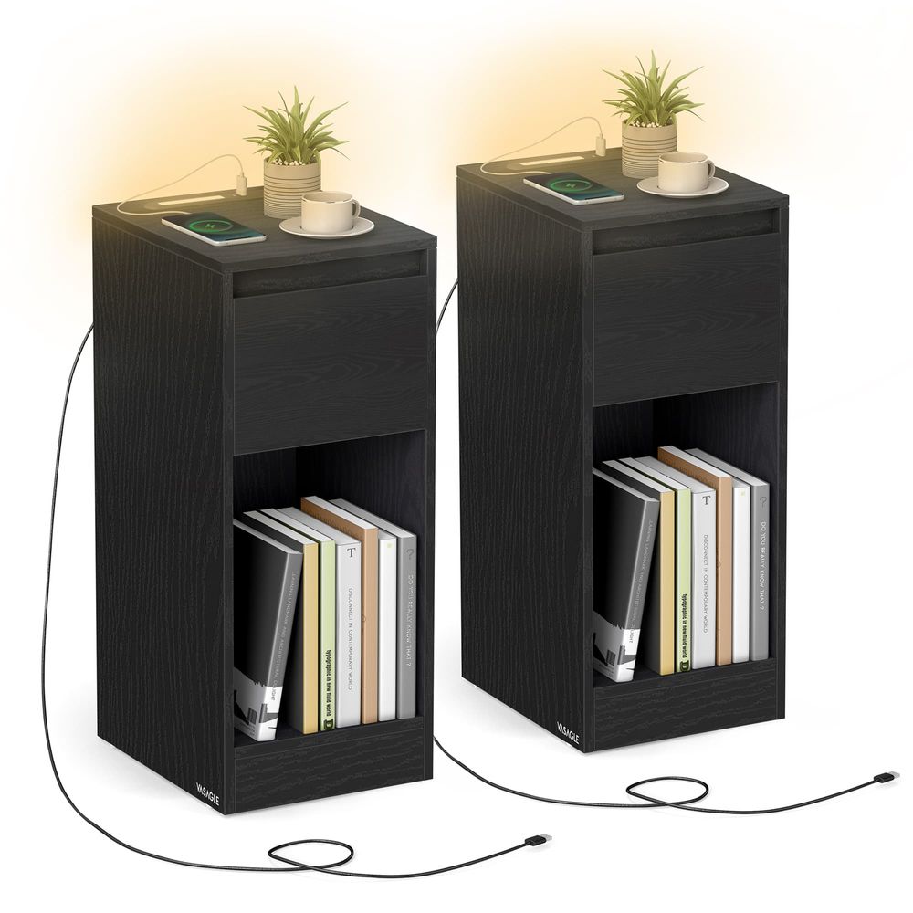 FurnStar - Nachtkastje - Slank bijzettafeltje met LED-verlichting - USB-A & USB-C poort - 1 lade & open vak - Voor slaapkamer & woonkamer - 30 x 25 x 59,5 cm