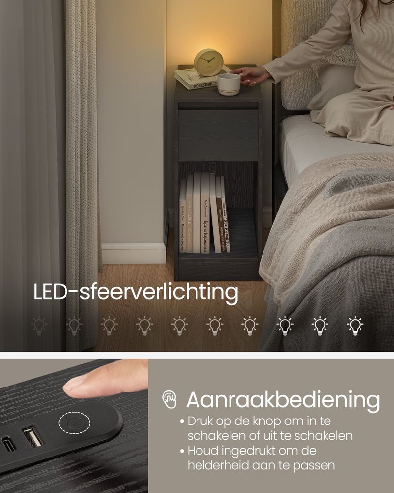 FurnStar - Nachtkastje - Slank bijzettafeltje met LED-verlichting - USB-A & USB-C poort - 1 lade & open vak - Voor slaapkamer & woonkamer - 30 x 25 x 59,5 cm
