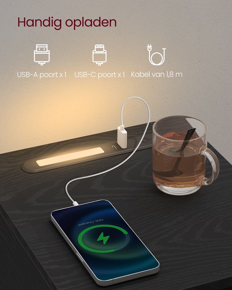 FurnStar - Nachtkastje - Slank bijzettafeltje met LED-verlichting - USB-A & USB-C poort - 1 lade & open vak - Voor slaapkamer & woonkamer - 30 x 25 x 59,5 cm