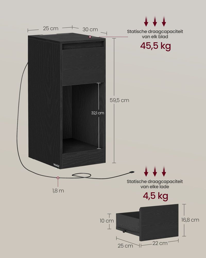 FurnStar - Nachtkastje - Slank bijzettafeltje met LED-verlichting - USB-A & USB-C poort - 1 lade & open vak - Voor slaapkamer & woonkamer - 30 x 25 x 59,5 cm