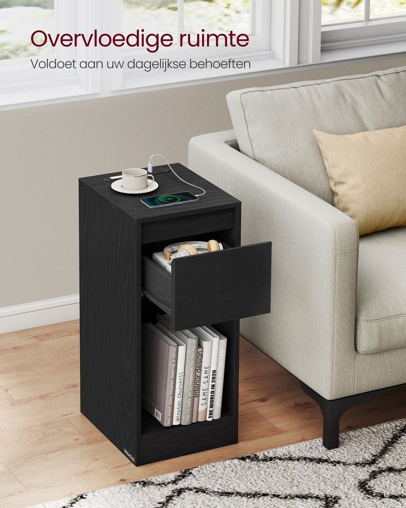 FurnStar - Nachtkastje - Slank bijzettafeltje met LED-verlichting - USB-A & USB-C poort - 1 lade & open vak - Voor slaapkamer & woonkamer - 30 x 25 x 59,5 cm