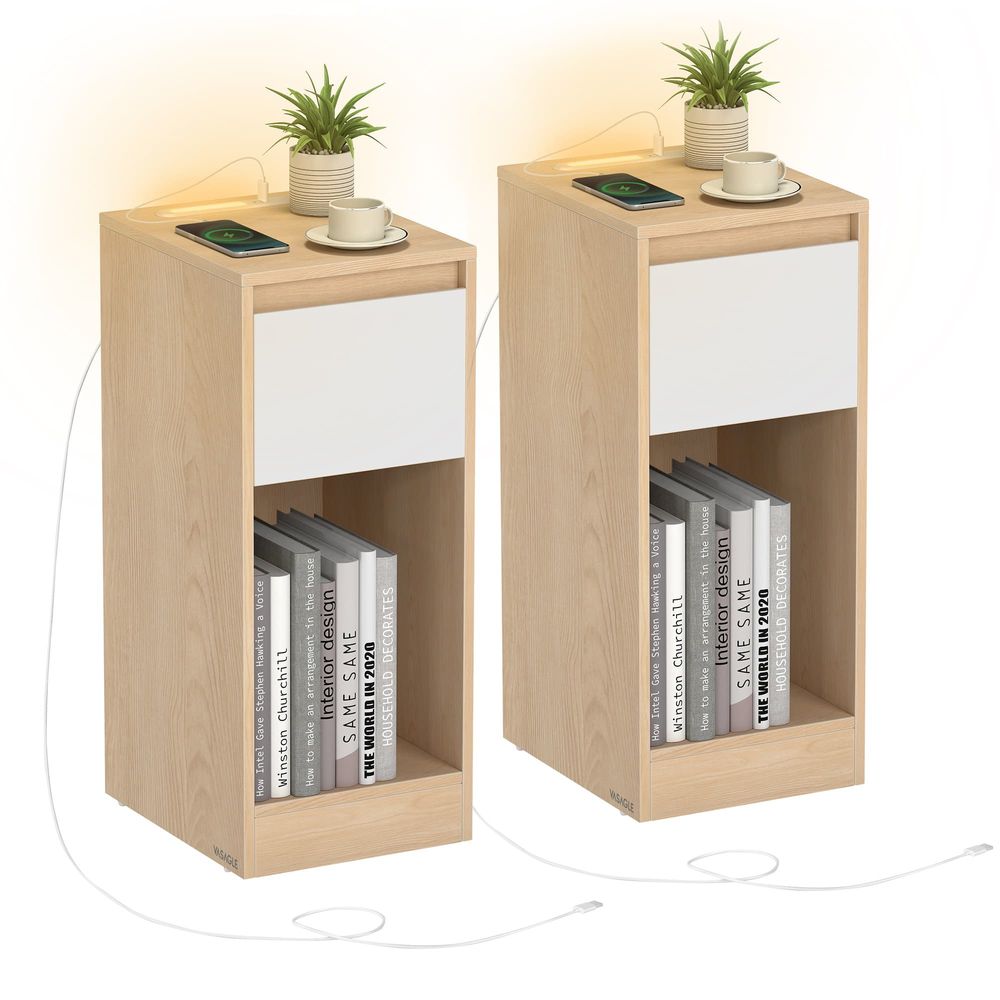 FurnStar - Nachtkastje - Slank bijzettafeltje met LED-verlichting - USB-A & USB-C poort - 1 lade & open vak - Voor slaapkamer & woonkamer - 30 x 25 x 59,5 cm