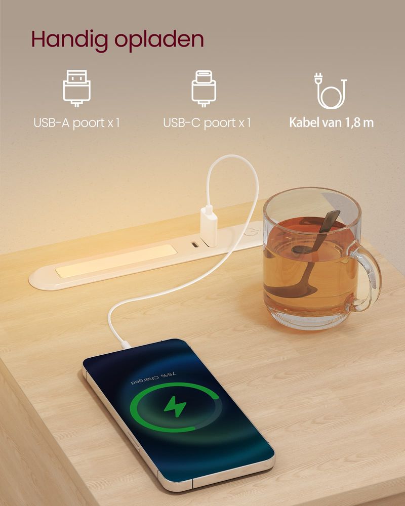 FurnStar - Nachtkastje - Slank bijzettafeltje met LED-verlichting - USB-A & USB-C poort - 1 lade & open vak - Voor slaapkamer & woonkamer - 30 x 25 x 59,5 cm