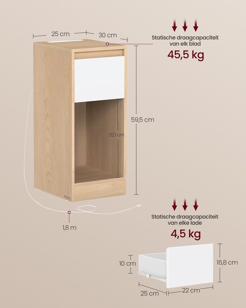 FurnStar - Nachtkastje - Slank bijzettafeltje met LED-verlichting - USB-A & USB-C poort - 1 lade & open vak - Voor slaapkamer & woonkamer - 30 x 25 x 59,5 cm