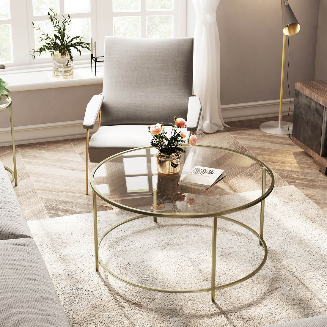 FurnStar Ronde Salontafel – Gehard Glas – Modern Design- Bijzettafel - 84x84x45.5cm – Goud