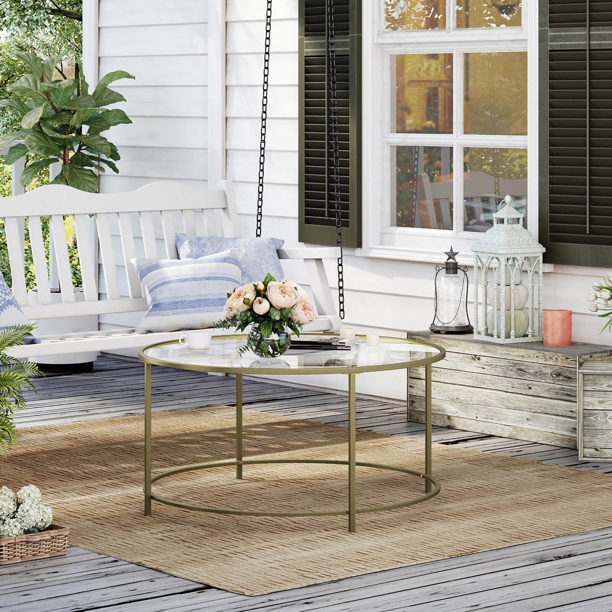 FurnStar Ronde Salontafel – Gehard Glas – Modern Design- Bijzettafel - 84x84x45.5cm – Goud
