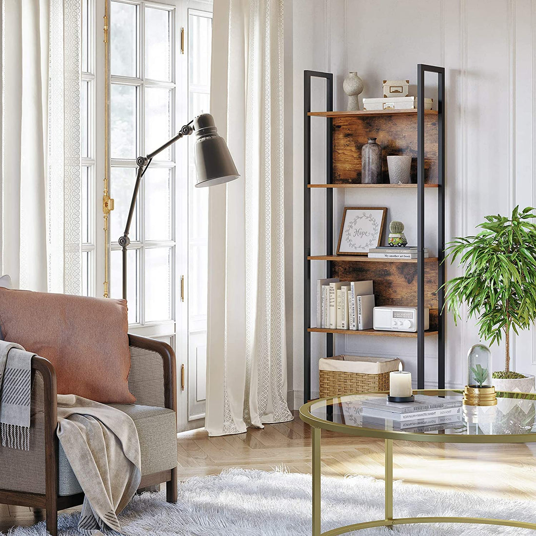 FurnStar - Boekenkast - Opbergplank - Keukenkast - 5 Niveaus - Stabiel Stalen Frame - Voor Kantoor, Entree, Woonkamer - Industriële Stijl - Rustiek Bruin en Zwart - 62 x 24 x 165 cm