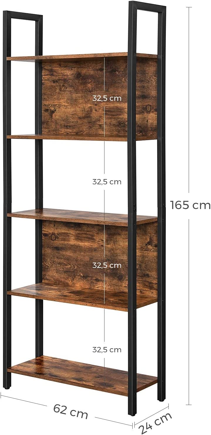 FurnStar - Boekenkast - Opbergplank - Keukenkast - 5 Niveaus - Stabiel Stalen Frame - Voor Kantoor, Entree, Woonkamer - Industriële Stijl - Rustiek Bruin en Zwart - 62 x 24 x 165 cm