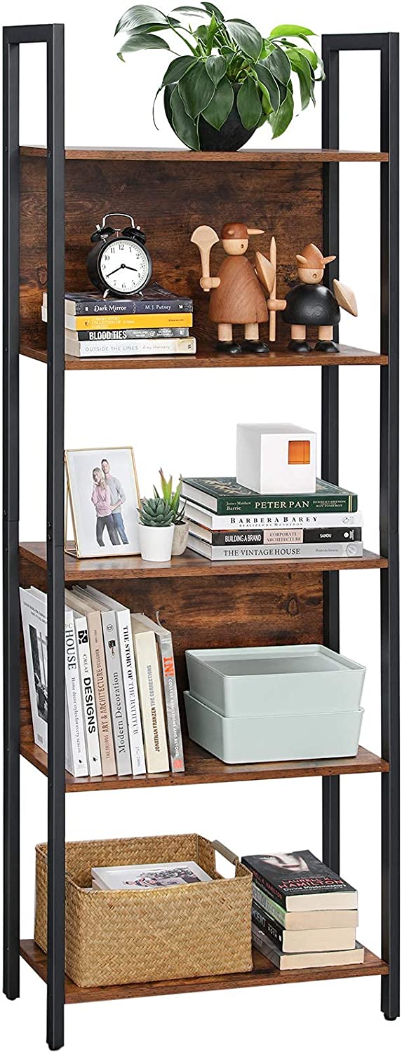 FurnStar - Boekenkast - Opbergplank - Keukenkast - 5 Niveaus - Stabiel Stalen Frame - Voor Kantoor, Entree, Woonkamer - Industriële Stijl - Rustiek Bruin en Zwart - 62 x 24 x 165 cm