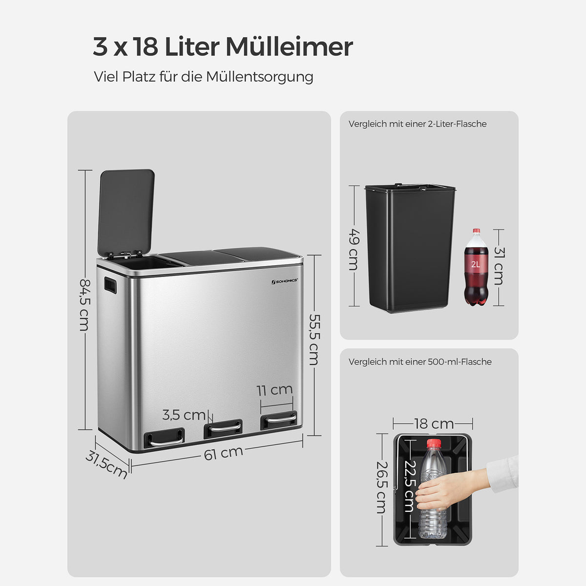 FurnStar prullenbak 3x18L - 54L - 3 Vakken - Afvalscheiding