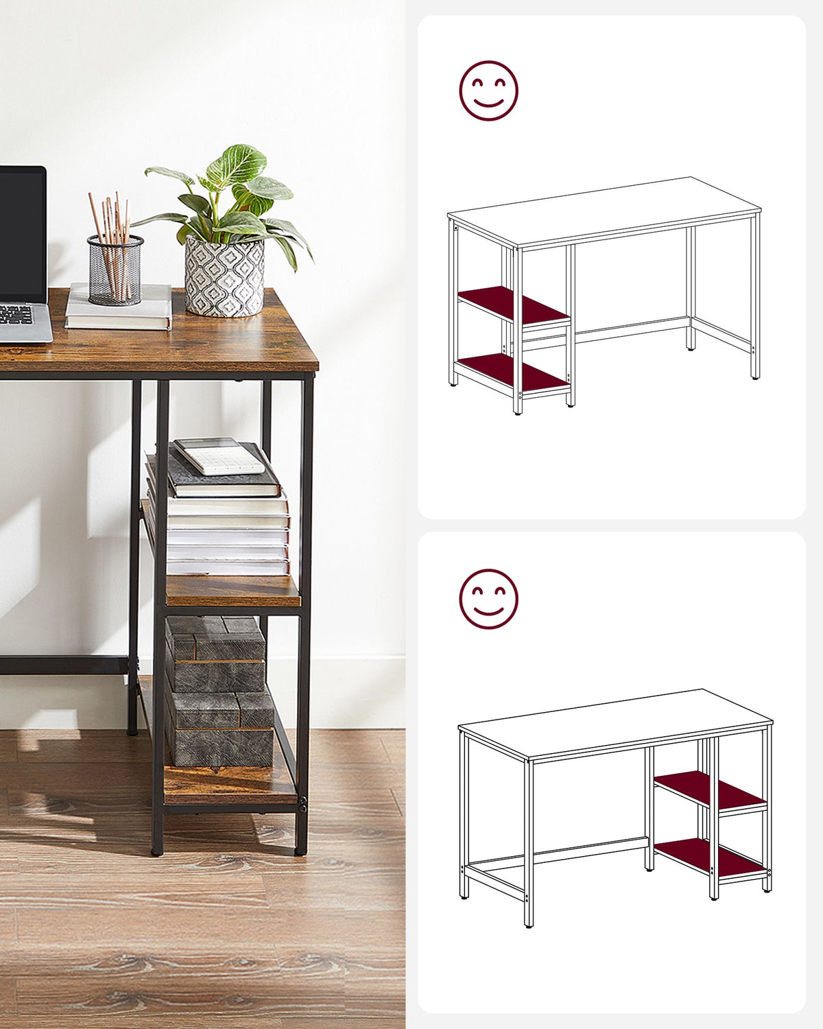 FurnStar - Bureau - Computertafel - Pc-tafel - Bureautafel - Met 2 planken aan de rechter- of linkerkant - Voor kantoor - Woonkamer - Stalen frame - Industrieel design - 50D x 100B x 76H cm