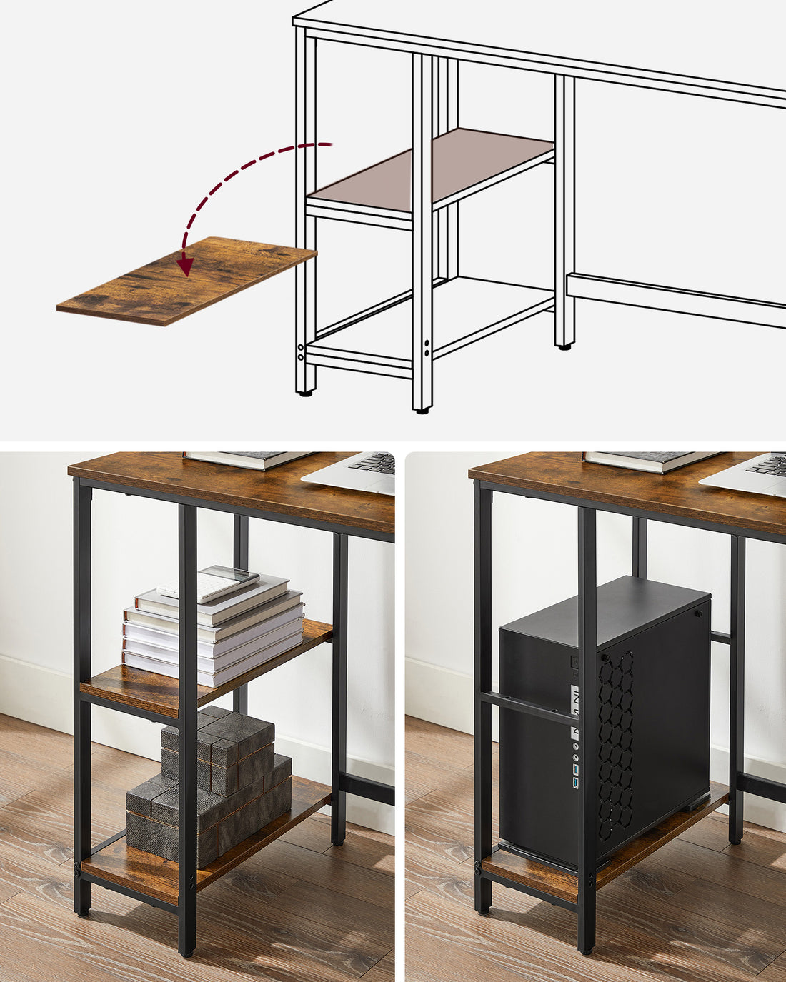 FurnStar - Bureau - Computertafel - Pc-tafel - Bureautafel - Met 2 planken aan de rechter- of linkerkant - Voor kantoor - Woonkamer - Stalen frame - Industrieel design - 50D x 100B x 76H cm