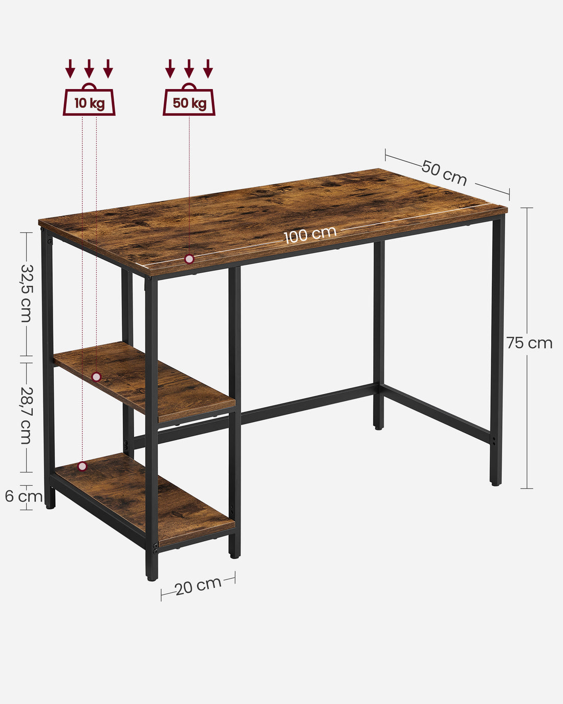 FurnStar - Bureau - Computertafel - Pc-tafel - Bureautafel - Met 2 planken aan de rechter- of linkerkant - Voor kantoor - Woonkamer - Stalen frame - Industrieel design - 50D x 100B x 76H cm