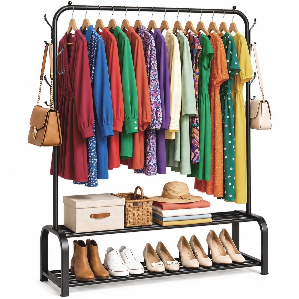 Avalo Industrieel Kledingrek - Garderoberek / Kledingrek met Schoenenrek en Haken - Zwart Metaal 110x33x150 cm - Dressboy