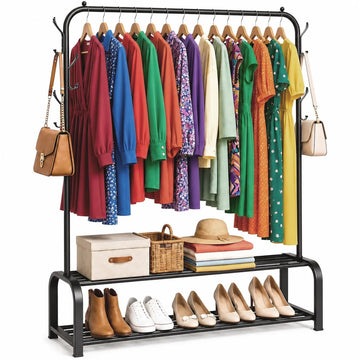 Avalo Industrieel Kledingrek - Garderoberek / Kledingrek met Schoenenrek en Haken - Zwart Metaal 110x33x150 cm - Dressboy