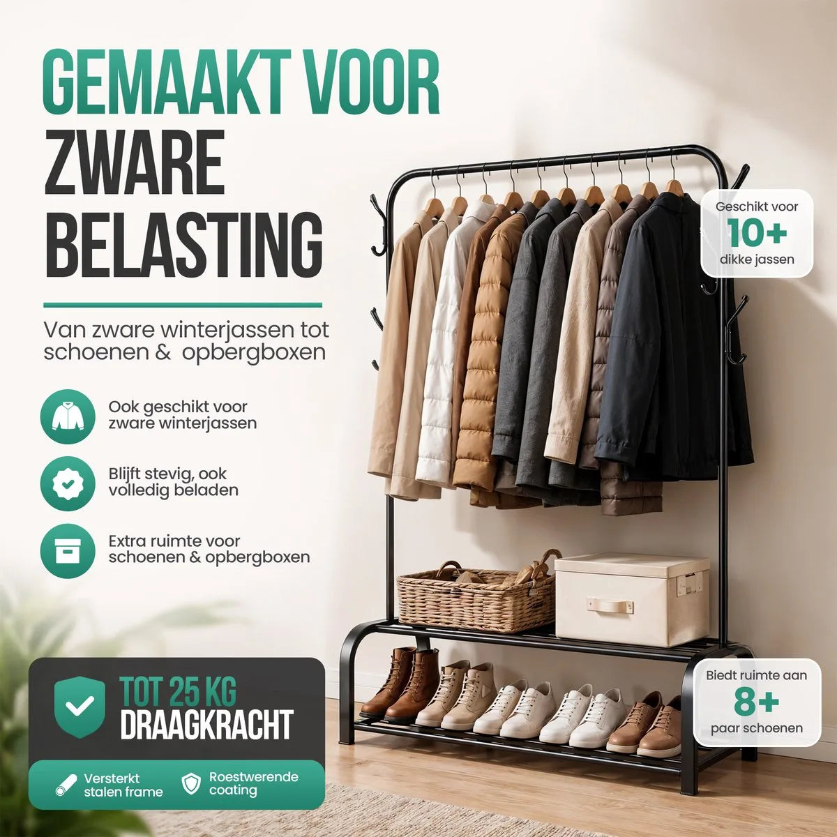 Avalo Industrieel Kledingrek - Garderoberek / Kledingrek met Schoenenrek en Haken - Zwart Metaal 110x33x150 cm - Dressboy
