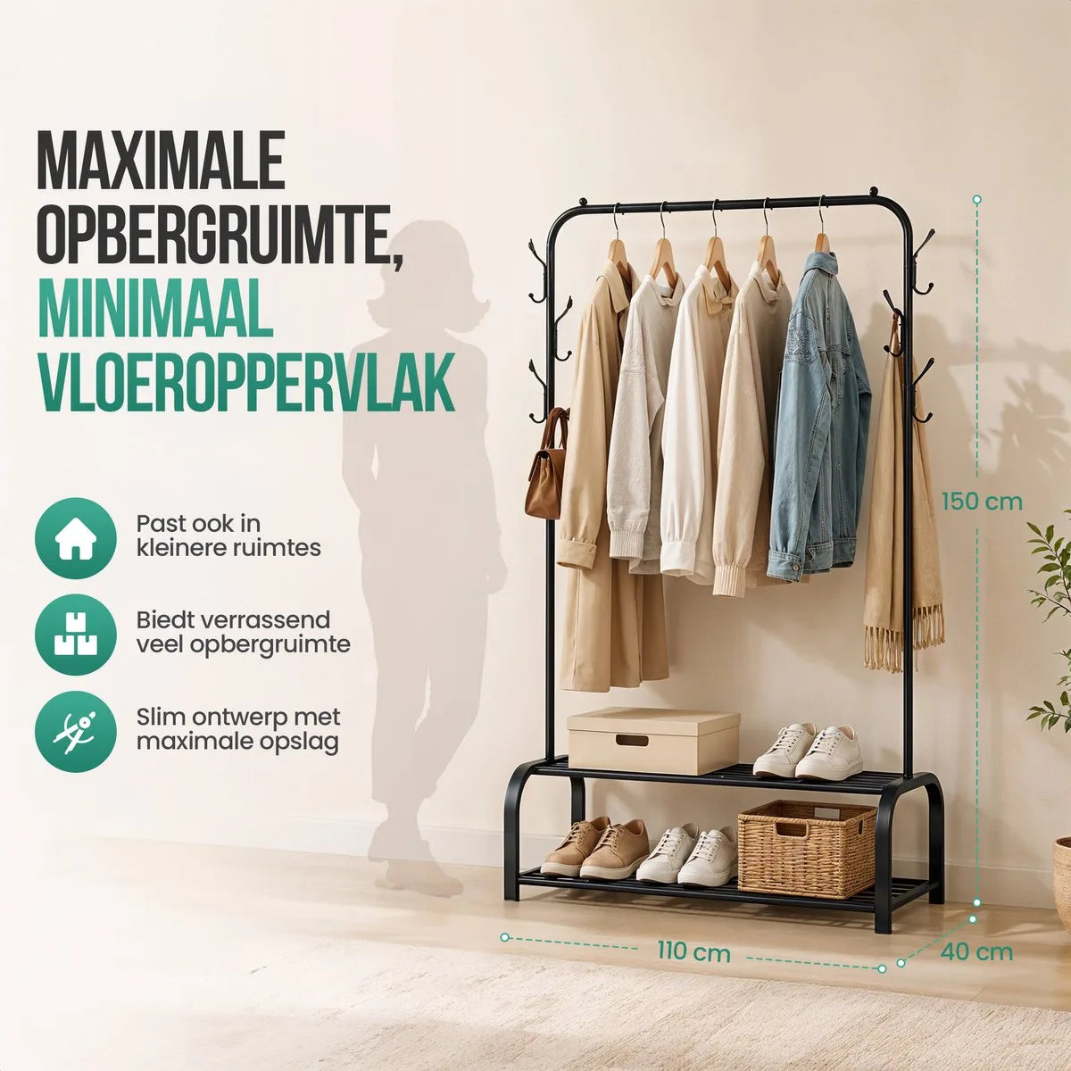 Avalo Industrieel Kledingrek - Garderoberek / Kledingrek met Schoenenrek en Haken - Zwart Metaal 110x33x150 cm - Dressboy