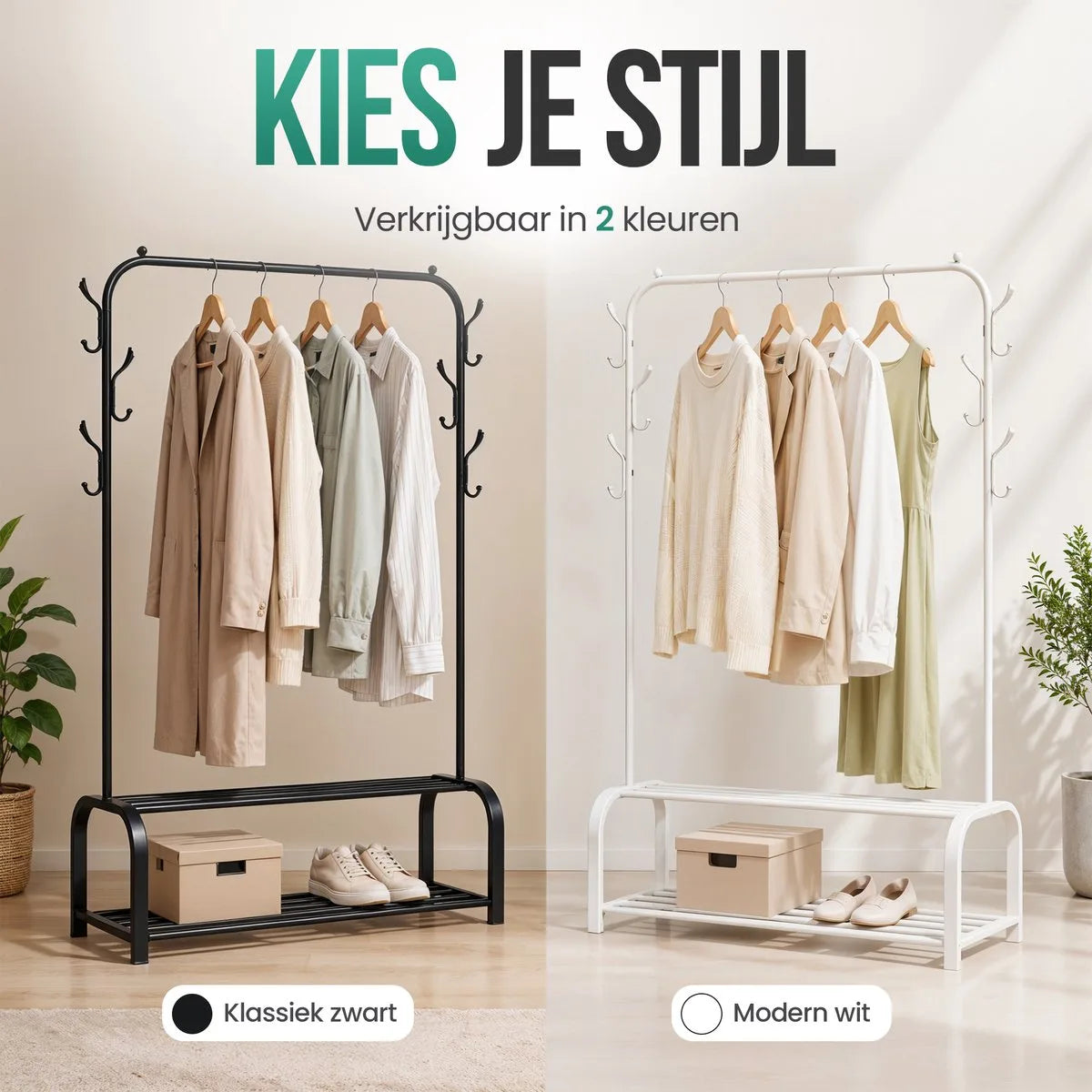 Avalo Industrieel Kledingrek - Garderoberek / Kledingrek met Schoenenrek en Haken - Zwart Metaal 110x33x150 cm - Dressboy