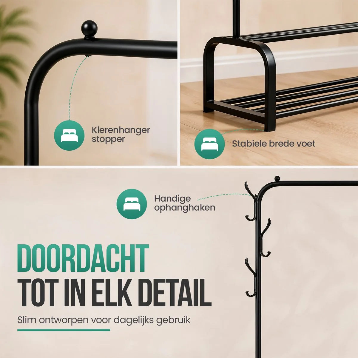 Avalo Industrieel Kledingrek - Garderoberek / Kledingrek met Schoenenrek en Haken - Zwart Metaal 110x33x150 cm - Dressboy