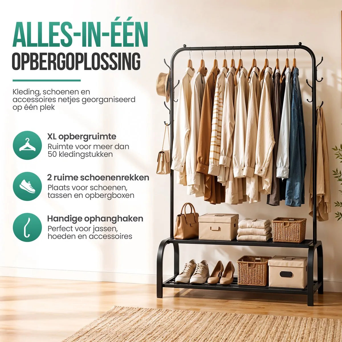 Avalo Industrieel Kledingrek - Garderoberek / Kledingrek met Schoenenrek en Haken - Zwart Metaal 110x33x150 cm - Dressboy