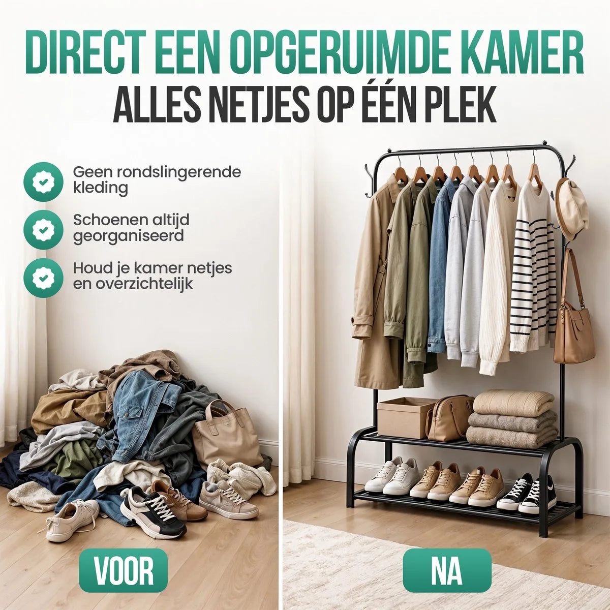 Avalo Industrieel Kledingrek - Garderoberek / Kledingrek met Schoenenrek en Haken - Zwart Metaal 110x33x150 cm - Dressboy