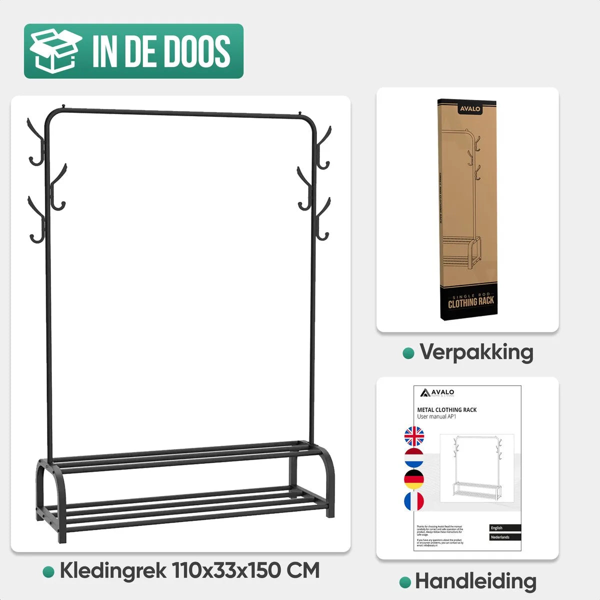 Avalo Industrieel Kledingrek - Garderoberek / Kledingrek met Schoenenrek en Haken - Zwart Metaal 110x33x150 cm - Dressboy