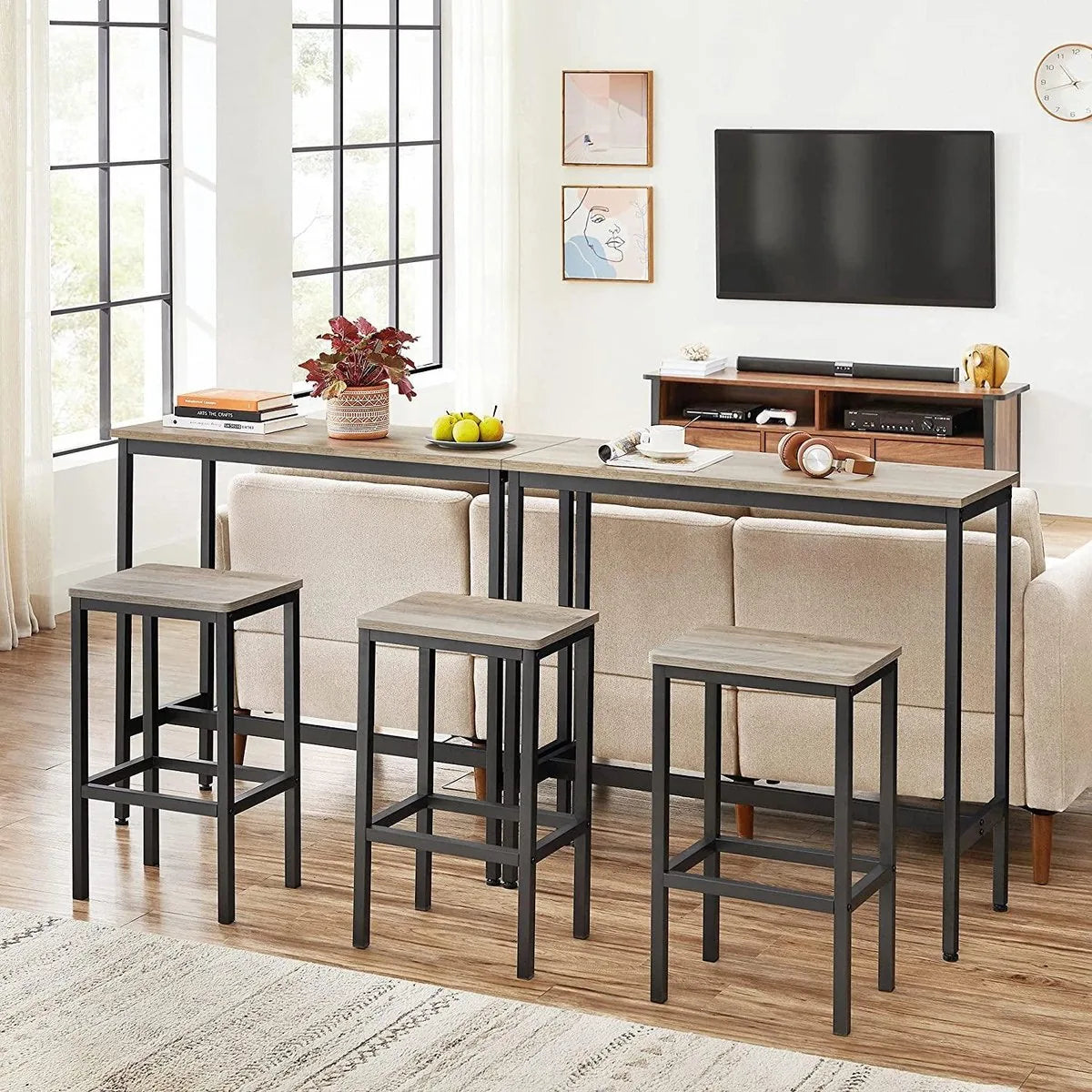 Barkruk, 2-delige set, barstoelen, keukenstoelen, voor keuken, woonkamer, eetkamer, industrieel design, grijpzwart LBC065B02