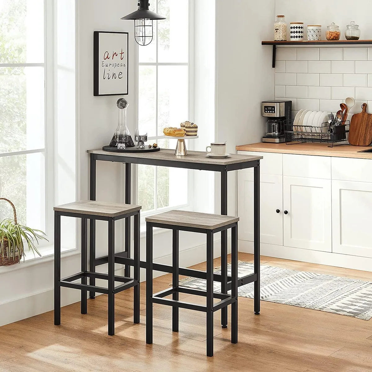 Barkruk, 2-delige set, barstoelen, keukenstoelen, voor keuken, woonkamer, eetkamer, industrieel design, grijpzwart LBC065B02