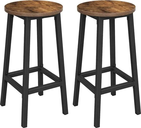 Barkruk, set van 2 Barkruk - Set van 2 barstoelen - Keukenstoelen met stevig stalen frame - Hoogte 65 cm - Eenvoudig te monteren - Industriële stijl - Hout - Metaal - Vintage Bruin - Zwart