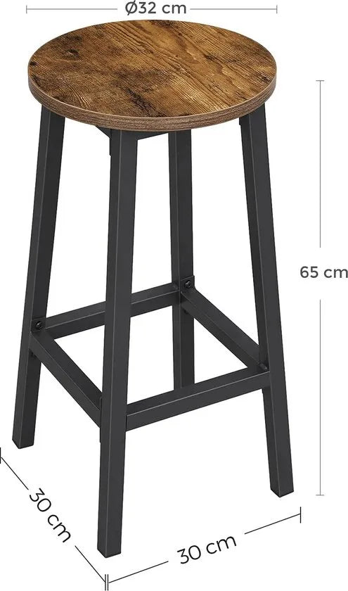 Barkruk, set van 2 Barkruk - Set van 2 barstoelen - Keukenstoelen met stevig stalen frame - Hoogte 65 cm - Eenvoudig te monteren - Industriële stijl - Hout - Metaal - Vintage Bruin - Zwart