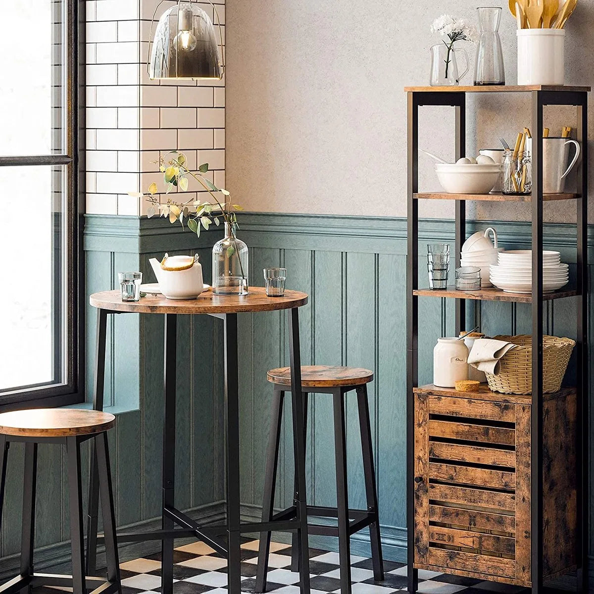 Barkruk, set van 2 Barkruk - Set van 2 barstoelen - Keukenstoelen met stevig stalen frame - Hoogte 65 cm - Eenvoudig te monteren - Industriële stijl - Hout - Metaal - Vintage Bruin - Zwart