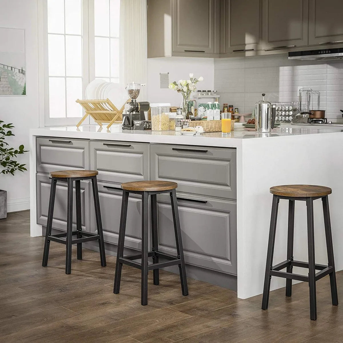 Barkruk, set van 2 Barkruk - Set van 2 barstoelen - Keukenstoelen met stevig stalen frame - Hoogte 65 cm - Eenvoudig te monteren - Industriële stijl - Hout - Metaal - Vintage Bruin - Zwart