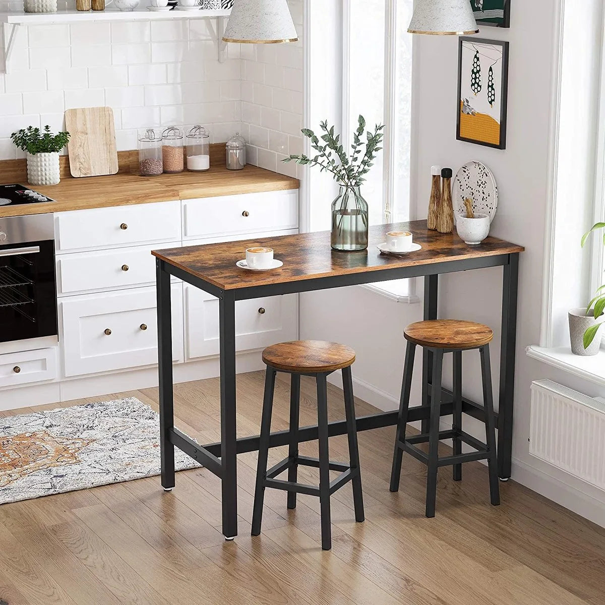 Barkruk, set van 2 Barkruk - Set van 2 barstoelen - Keukenstoelen met stevig stalen frame - Hoogte 65 cm - Eenvoudig te monteren - Industriële stijl - Hout - Metaal - Vintage Bruin - Zwart