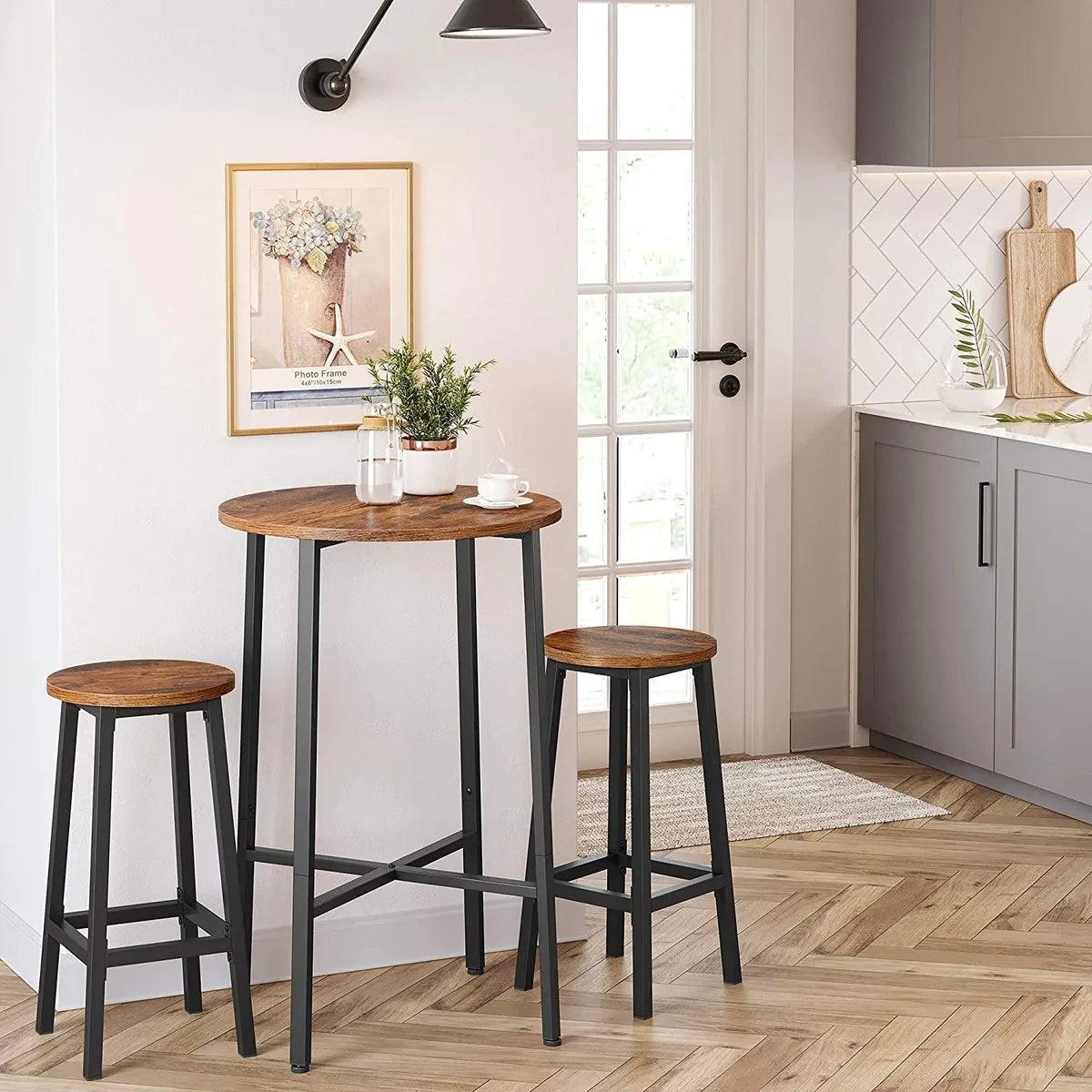 Barkruk, set van 2 Barkruk - Set van 2 barstoelen - Keukenstoelen met stevig stalen frame - Hoogte 65 cm - Eenvoudig te monteren - Industriële stijl - Hout - Metaal - Vintage Bruin - Zwart