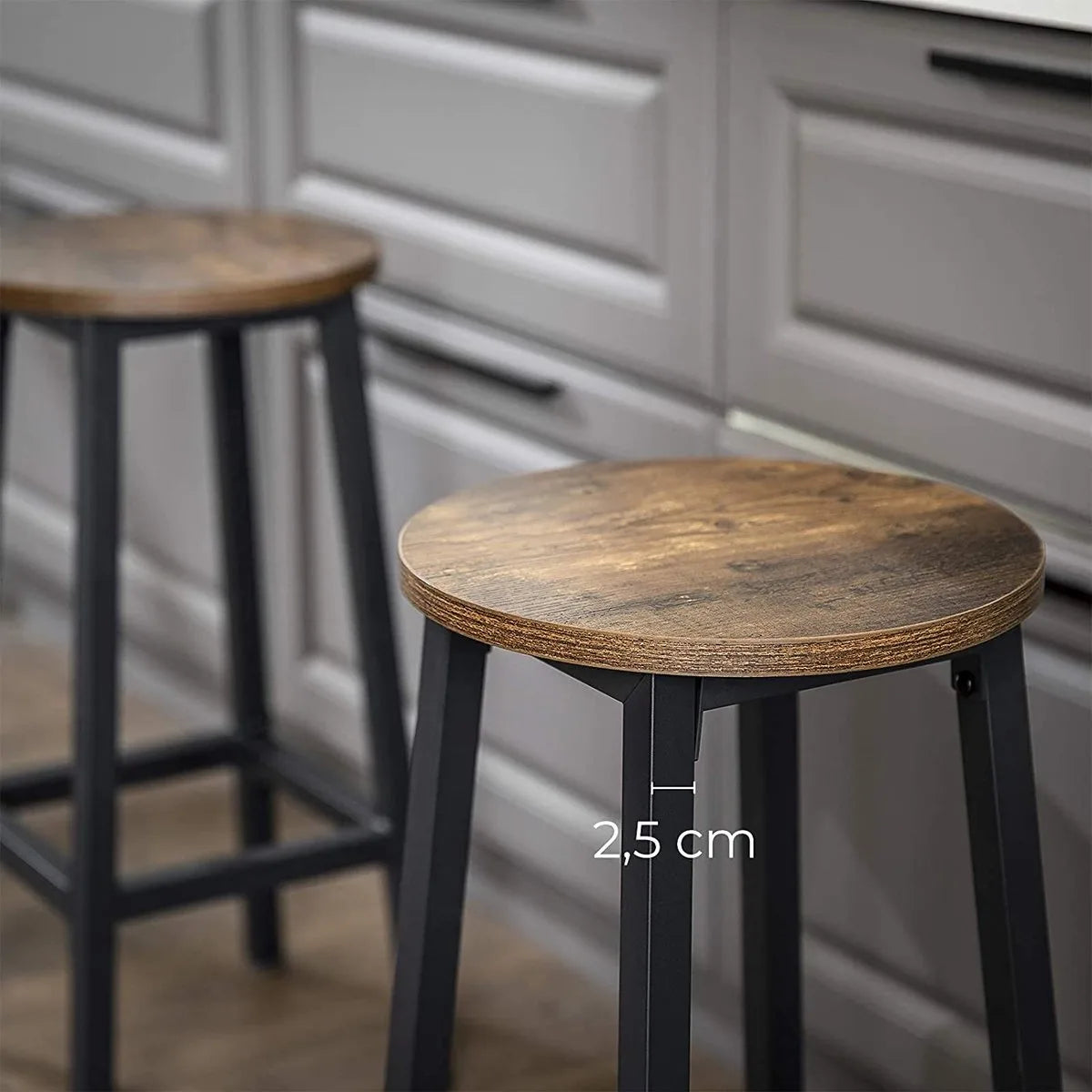 Barkruk, set van 2 Barkruk - Set van 2 barstoelen - Keukenstoelen met stevig stalen frame - Hoogte 65 cm - Eenvoudig te monteren - Industriële stijl - Hout - Metaal - Vintage Bruin - Zwart