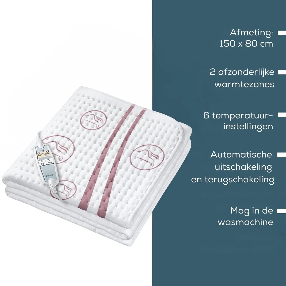 Beurer Elektrische onderdeken 1 persoons - Elektrische deken 150x80cm - 2 Warmtezones - BSS (Beurer Safety System) - ECO Control - Fleece/Katoen - Wit